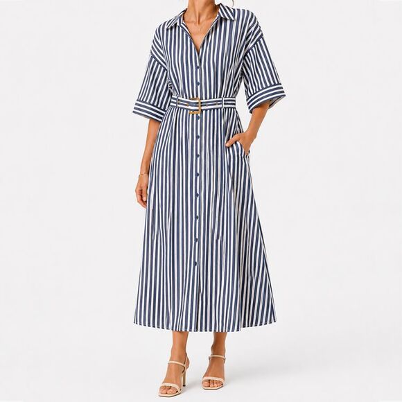 Entro Dresses & Skirts - Entro Blue White Stripe Belted Midi Shirt Dress M Coastal Chic Pockets